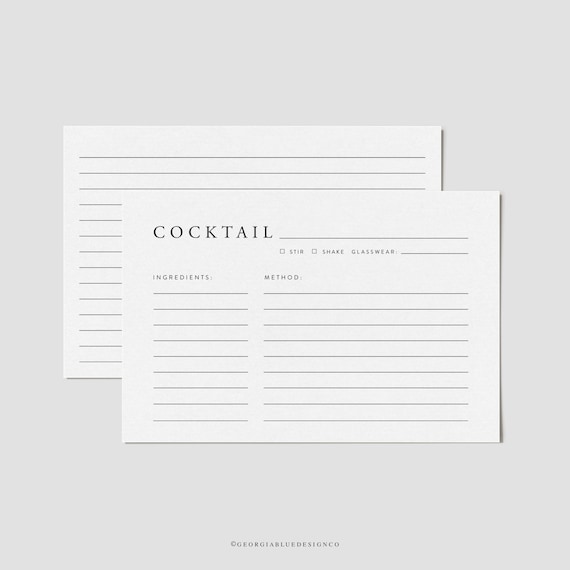Editable Cocktail Recipe Card Template, Minimalist Recipe Cards, Printable Recipe Cards for Cocktails, Editable Cocktail Recipe Cards, 4x6