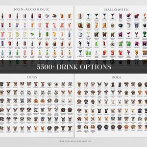 May include: A printable chart with over 5,500 drink options, including non-alcoholic, Halloween, and dog breeds. The chart is divided into three sections, each with a different theme. The non-alcoholic section features a variety of beverages, including sodas, juices, and teas. The Halloween section features a variety of cocktails, including Bloody Marys, margaritas, and pumpkin spice lattes. The dog breed section features a variety of dog breeds, including golden retrievers, poodles, and bulldogs.