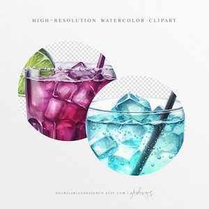 Op de afbeelding: Twee aquarel illustraties van cocktails met ijsblokjes en rietjes. De eerste cocktail is paars en heeft een limoenpartje. De tweede cocktail is blauw.
