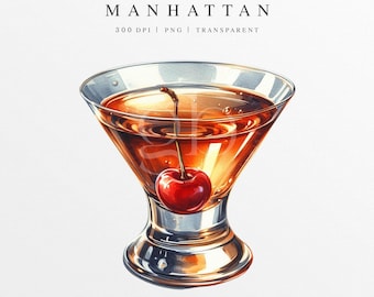 Manhattan Watercolor Clipart, Manhattan Drink Illustration, Custom Watercolor Cocktail png, Signature Drink Clipart, Wedding Drink, Whiskey