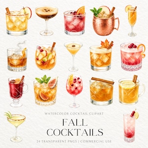 Può includere: Una collezione di illustrazioni ad acquerello raffiguranti vari cocktail in bicchieri, guarniti con bastoncini di cannella, fette di mela, mirtilli rossi, scorze d'arancia e foglie di menta, con il testo "WATERCOLOR COCKTAIL CLIPART FALL COCKTAILS 24 TRANSPARENT PNGS | COMMERCIAL USE".