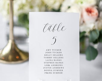 Puede incluir: Una tarjeta blanca con texto negro en una mesa. La tarjeta dice "mesa 5" y enumera los nombres de los invitados: Amy Tucker, John Tucker, Kelly Sellers, Tommy Sellers, Laina Banks, Stephen Banks, Lora Andrews, Justin Andrews, Donna Sumner y Frank Sumner.
