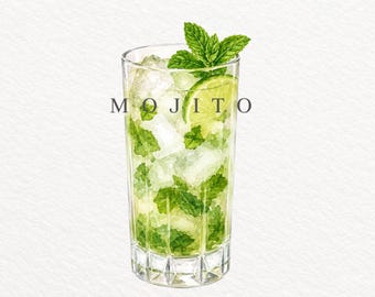 Mojito PNG, Watercolor Cocktail Illustration, Mint Lime Rum Drink Clipart, Summer Cocktail, Commercial Use