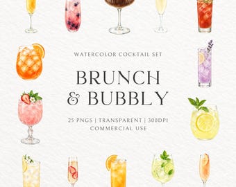 Brunch Cocktail Clipart Bundle, Watercolor Cocktail PNG, Bubbly Drinks, Mimosa Bellini Spritz, Wedding Bar