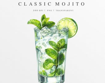 Mojito Clipart, Mojito PNG, Wedding Signature Drink Illustration, Digital Graphic, Bar Menu Sign, Watercolor Rum Cocktail, Summer Beverage