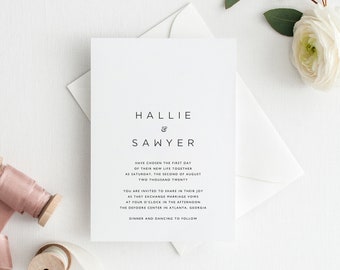 May include: A white wedding invitation with black text announcing the marriage of Hallie and Sawyer on Saturday, August 2nd, 2020 at the DeFoor Center in Atlanta, Georgia. The invitation includes details about the ceremony and reception.