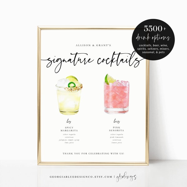 Printable Signature Cocktails Sign, Wedding Signature Drinks Menu Template, Wedding Cocktails, Bar Menu Sign, Signature Drinks Sign, SN23