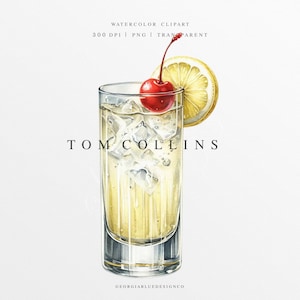Tom Collins Clipart PNG, illustration de boisson signature de mariage, graphique numérique, signe de menu de bar, aquarelle cocktail au gin, boisson d'été