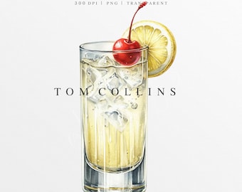 Tom Collins Clipart PNG, Wedding Signature Drink Illustration, Digital Graphic, Bar Menu Sign, Watercolor Gin Cocktail, Summer Beverage