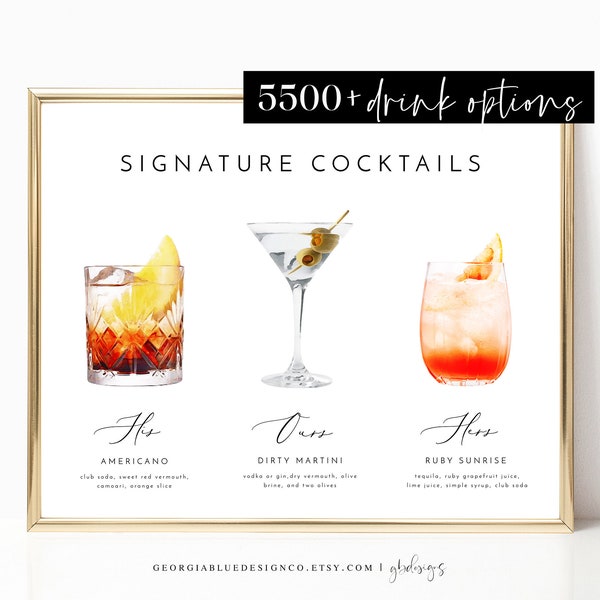 Wedding Signature Cocktails Sign: Illustrated Bar Menu (Printable)