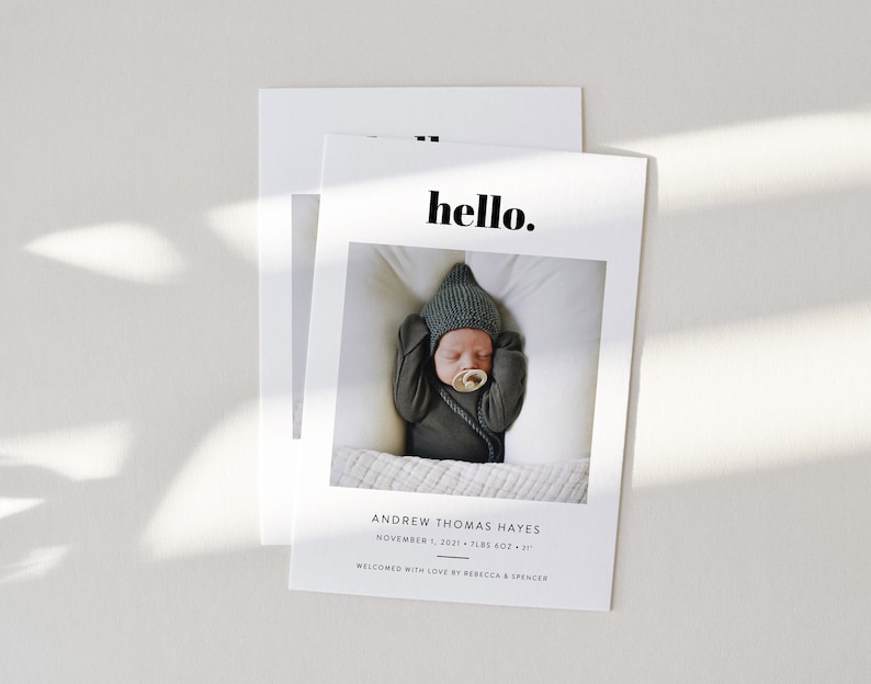 Minimalist Photo Birth Announcement Template: Modern Newborn Card ...