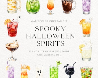 Watercolor Halloween Cocktail Bundle, 25 Spooky Drink PNGs (Commercial Use)