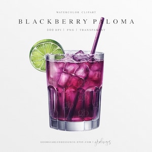 Blackberry Paloma Watercolor Clipart | Blackberry Paloma Drink Illustration | Custom Watercolor Cocktail | Signature Drink Clipart | Tequila