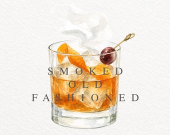 Smoked Old Fashioned PNG, Watercolor Bourbon Cocktail Illustration, Whiskey Drink Clipart, Bar Menu Graphic