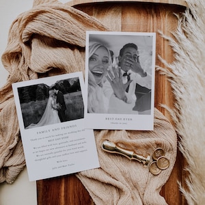 May include: Two wedding thank you cards with black and white photos of the bride and groom. The text on the cards reads "Family and Friends" and "Best Day Ever". The cards are on a wooden surface with a gold wax seal and a piece of beige fabric.
