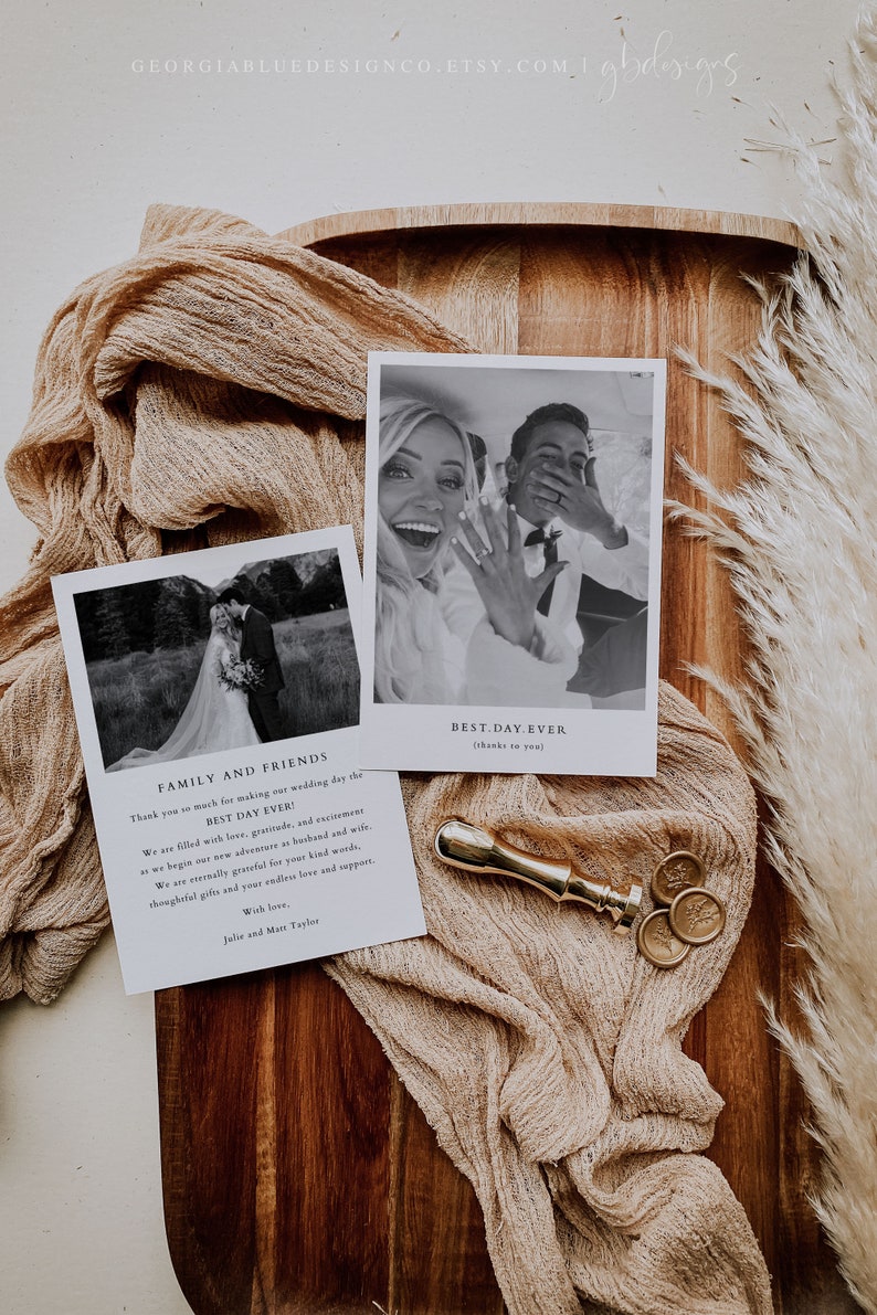 May include: Two wedding thank you cards with black and white photos of the bride and groom. The text on the cards reads "Family and Friends" and "Best Day Ever". The cards are on a wooden surface with a gold wax seal and a piece of beige fabric.