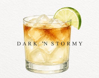 Dark and Stormy Cocktail Watercolor Clipart, Rum Ginger Beer Drink PNG, Wedding Cocktail Illustration