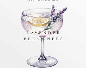 Bees Knees Clipart PNG, Gin Cocktail PNG, Wedding Signature Drink Illustration, Digital Graphic, Bar Menu Sign, Watercolor Lavender Cocktail