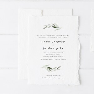 May include: Wedding invitation with a simple design featuring a green leafy branch illustration. The invitation announces the marriage of Anna Gregory to Jordan Pike on Saturday, November sixteenth, two thousand twenty, at five o'clock in the evening at Glendalough Manor in Atlanta, Georgia. The reception will follow at Burkhead Club in Atlanta, Georgia.