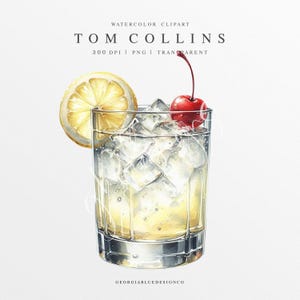 Tom Collins Clipart PNG, illustration de boisson signature de mariage, graphique numérique, signe de menu de bar, aquarelle cocktail au gin, boisson d'été