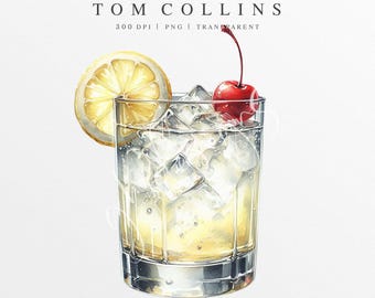 Tom Collins Clipart PNG: Watercolor Gin Cocktail Illustration (Digital Graphic)
