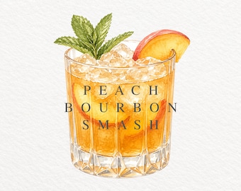 Bourbon Peach Smash Watercolor Cocktail Clipart (Digital Download)