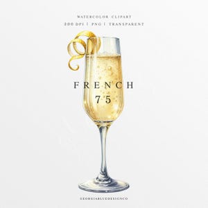 Clipart francese 75, Champagne PNG, Illustrazione di drink con firma nuziale, Grafica digitale, Segno del menu del bar, Cocktail francese 75 ad acquerello