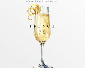 French 75 Clipart, Champagne PNG, Wedding Signature Drink Illustration, Digital Graphic, Bar Menu Sign, Watercolor French 75 Cocktail