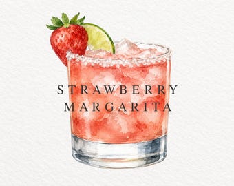 Strawberry Margarita Watercolor Clipart, Summer Cocktail Illustration (PNG)