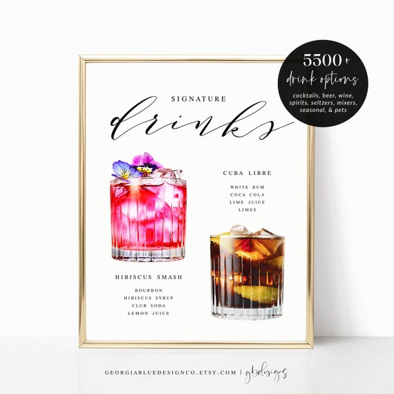 Printable Signature Cocktails Sign, Wedding Signature Drinks Menu Template, Wedding Cocktails, Bar Menu Sign, Signature Drinks Sign, ML06
