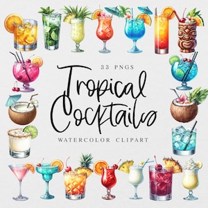 Tropical Watercolor Clipart, Tropical Cocktail Clipart Illustrations, Watercolor Tropical Drink Clipart, Signature Drink Wedding Coconut Png