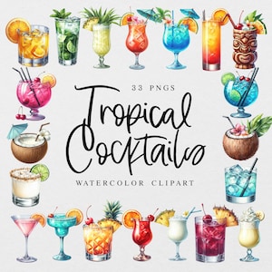 Tropisches Aquarell Clipart, Tropischer Cocktail Clipart Illustrationen, Aquarell Tropisches Getränk Clipart, Signature Drink Hochzeit Kokosnuss Png