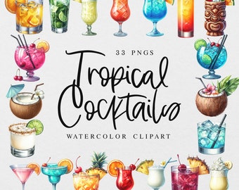 Tropical Watercolor Clipart, Tropical Cocktail Clipart Illustrations, Watercolor Tropical Drink Clipart, Signature Drink Wedding Coconut Png