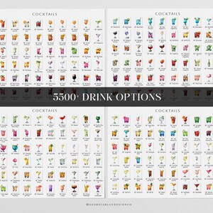 May include: A printable chart with a list of over 5,500 drink options, including cocktails, mocktails, and non-alcoholic beverages. The chart is divided into sections with watercolor illustrations of each drink.