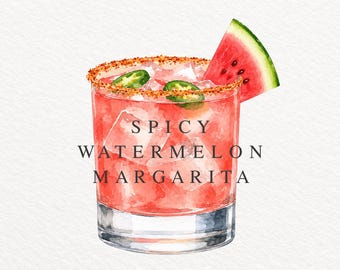 Spicy Watermelon Jalapeno Margarita Watercolor Clipart (Transparent PNG)