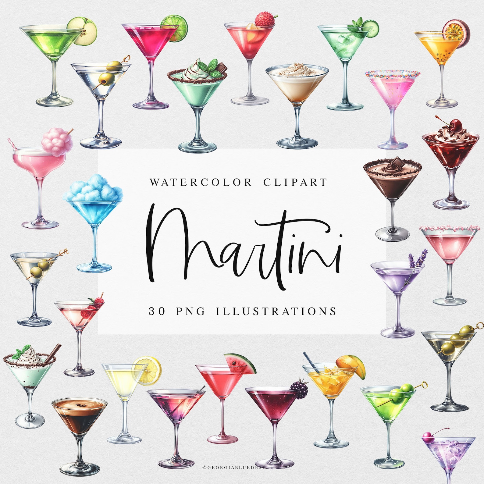 Martini Watercolor Clipart, Cocktail Clipart Illustrations, Watercolor ...