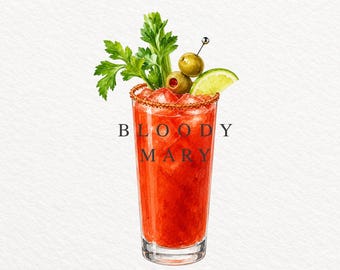Watercolor Bloody Mary Clipart PNG, Brunch Cocktail Illustration (Transparent)