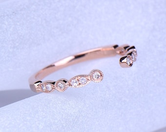 Diamond ring diamond wedding band open gap stacking matching band 14k rose gold ring Marquise set Milgrain style ring promise ring