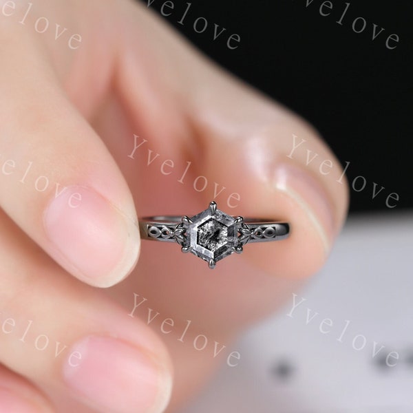 Hexagon Shaped Salt and Pepper Diamond Engagement Ring Vintage Black Diamond Wedding Band Art Deco Bridal  Ring For Women Promise Ring Gift
