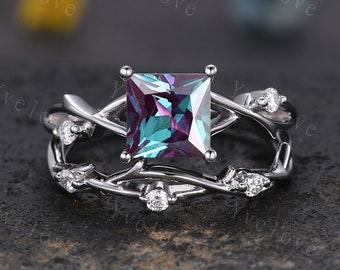 Unique Princess cut Alexandrite Engagement Ring Set,Art Deco Branch Twig Diamond Ring,Silver,Promise Wedding Ring Anniversary Gift For her