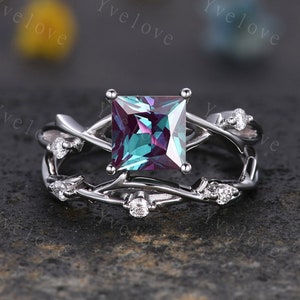 Unique Princess cut Alexandrite Engagement Ring Set,Art Deco Branch Twig Diamond Ring,Silver,Promise Wedding Ring Anniversary Gift For her