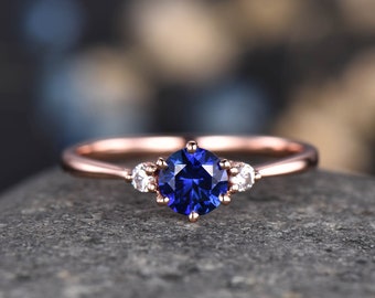 Blue sapphire engagement ring rose gold women three stone ring vintage diamond bridal promise jewelry gift for her September Birthstone