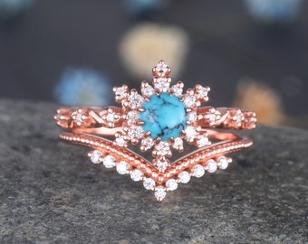 Turquoise Ring Set Rose Gold Turquoise Engagement Ring Diamond Moissanite Stacking Band December Birthstone 14k Gold Turquoise Ring