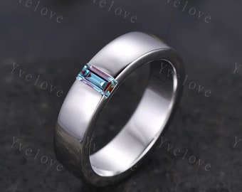 Mens Alexandrite Wedding Band Baguette Shaped Alexandrite Band 5mm Solid White Gold Ring Mens Stacking Matching Band Retro Vintage Ring Gift