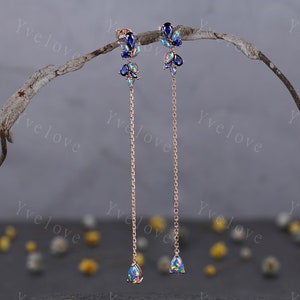 Unique Black Opal Sapphire Dangle Earrings,Art Deco Blue Gems Delicate Dainty Earrings Bridal Earrings Drop Wedding Earrings Jewelry Gift