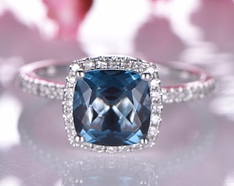 London blue topaz engagement ring white gold diamond half eternity ring 7mm cushion cut VS natural stone diamond halo promise bridal ring