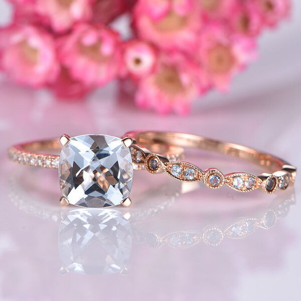 Aquamarine engagement ring set 14k rose gold art deco diamond matching band half eternity ring 8mm cushion cut natural AA aquamarine stone