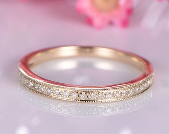 14k yellow gold diamond wedding band half eternity stacking matching band milgrain style pave set natural diamond anniversary ring