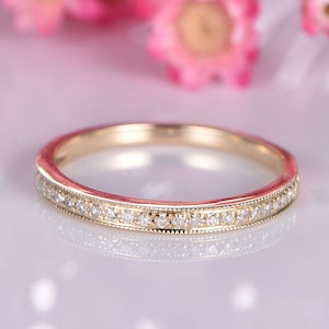 14k yellow gold diamond wedding band half eternity stacking matching band milgrain style pave set natural diamond anniversary ring