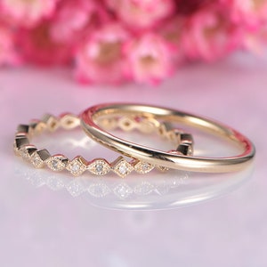 Diamond wedding band and plain gold ring solid 14k yellow gold full eternity milgrain ring wedding ring set natural SI clarity diamonds